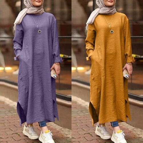 Vintage Dress Women Summer SplitDresses Long Sleeve Muslim Dubai Turkey Cardigan Robe Casual O-Neck Maxi Dresses
