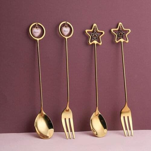 Gold Stainless Steel Coffee Spoon Tea Spoon Dessert Spoon Fork With Pretty Pendant watermelon ice cream Party Barware Tableware
