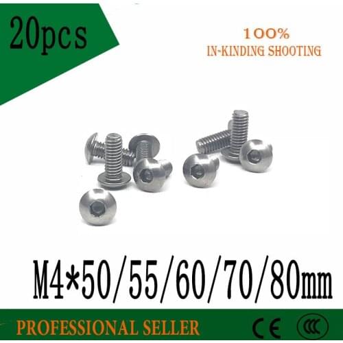 20pcs M4*50/55/60/70/80mm Stainless Steel 304 Round Head Screws Mushroom Hexagon hex Socket Button Head Screw Bolt