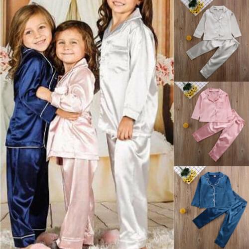 2020 New Baby Pajamas Kids Baby Boys Girls Silk Satin Pajamas Children Long sleeve Pjs Set Nightwear Sleepwear 2PCS Clothes 1-7Y