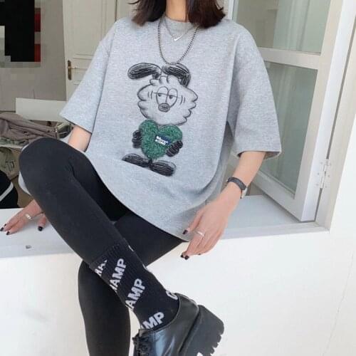 2021Fashion Cartoons print 2021 womens cotton large size loose short-sleeved T-shirt mid-length Tops soft summer T-shirt