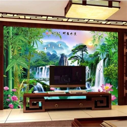 Beibehang Custom wallpaper 3d mural bamboo lotus welcoming pine landscape scenery water and wealth sofa background wall paper 3d