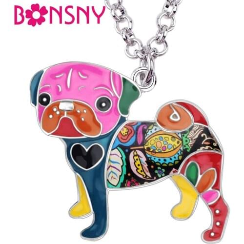 Bonsny Enamel Alloy Cute Bulldog Pug Dog Necklace Pendant Chain Choker Unique Animal Jewelry For Women Girls Pet Lovers Gift New