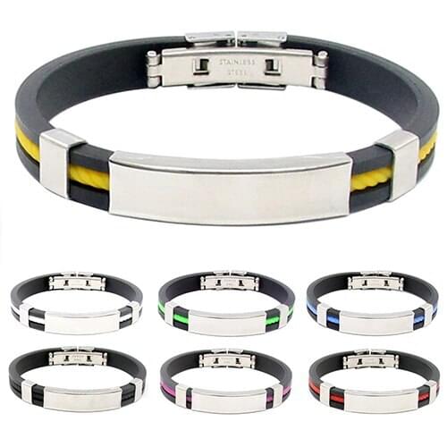 Hot Mens Womens Cool Stainless Steel Rubber Wristband Bangle Clasp Cuff Bracelet 6Y9C 7G88 BDEH