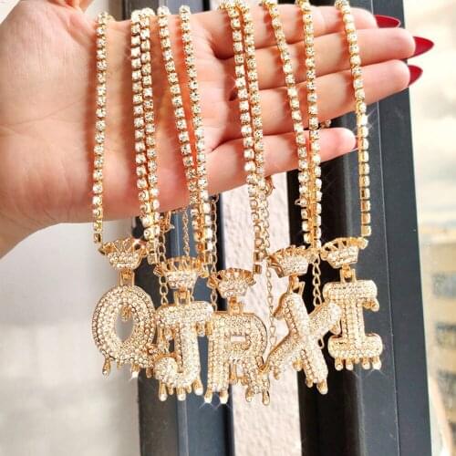 Full Rhinestone Paved Crown A-Z Initial Pendant Tennis Chain Necklaces for Women Men Chunky 26 Alphabet Choker Necklace Jewelry