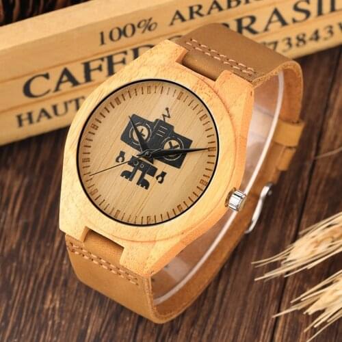 Black Robot Dial Wooden Mens Watches Natural Wood Analog Simple Bamboo Quartz Wrist Watches Clock for Men Women Reloj de madera
