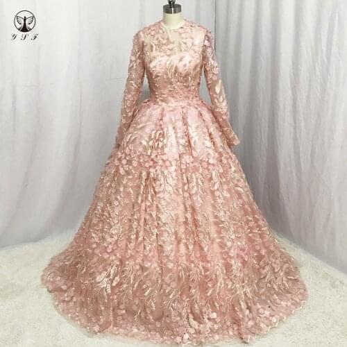 Best Selling Vestidos De Fiesta O Neck Flowers Sexy Back Lace Long Sleeve Coral Evening Dresses