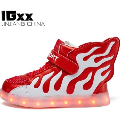 IGxx High Top Big Wing LED Light Up Shoes For Kids HooK&Loop USB Charging Glowing Shoes LED Child Luminous LED Sneakers Boys