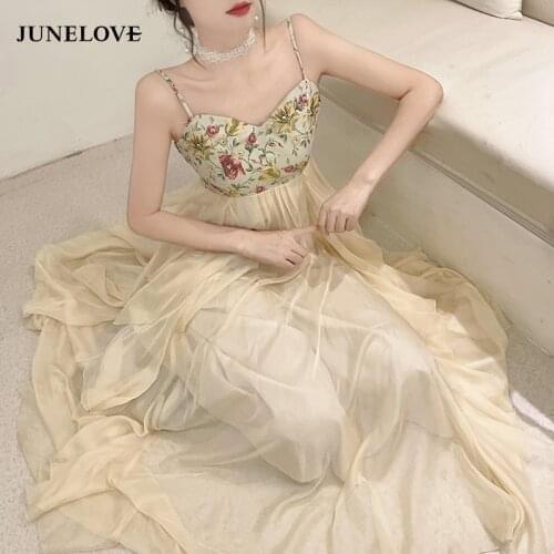 JuneLove Sexy Floral Party Dresses Women Evening Elegant Vintage Print Strap Long Wedding Dresses Fairy Beach Dress Summer 2021