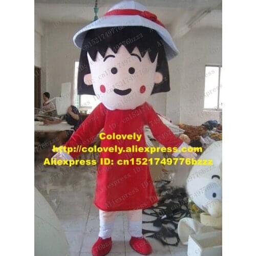 Sweet Red Chibi Maruko Chan Mascot Costume Mascotte Lassock Girl With Small Black Eyes Long Red Dress Adult No.2824 Free Ship