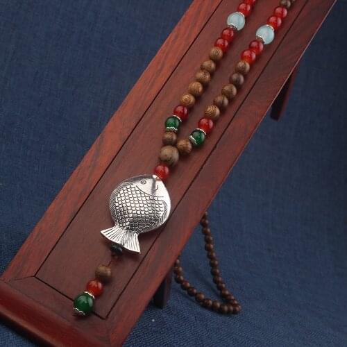 Fashion Vintage Long Wood Bead Fish Pendant Necklace Ethnic Jewelry for Women and Men