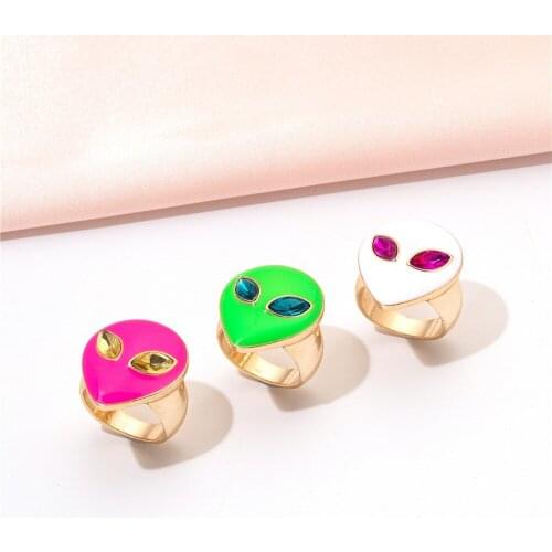 2021 New Fashion Alien Face Metal Rings For Women Multicolor Crystal Finger Rings Round Geometric Rings Punk Jewelry Best Gift