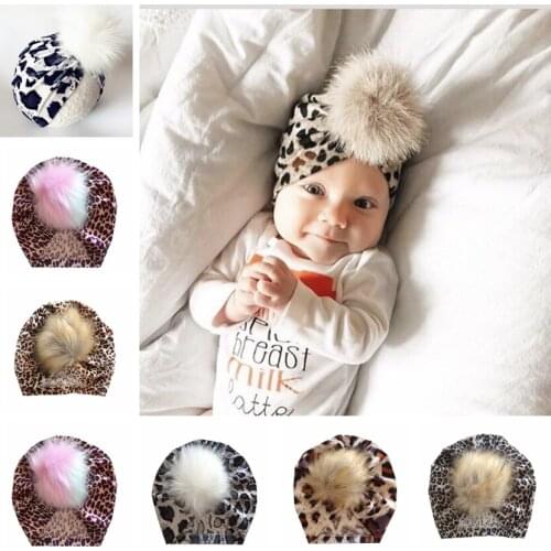 New Leopard Print Hat with Cute Hairball Newborn Infant Toddler Hedging Cap Turban Shining Baby Girls Headwear Photo Props