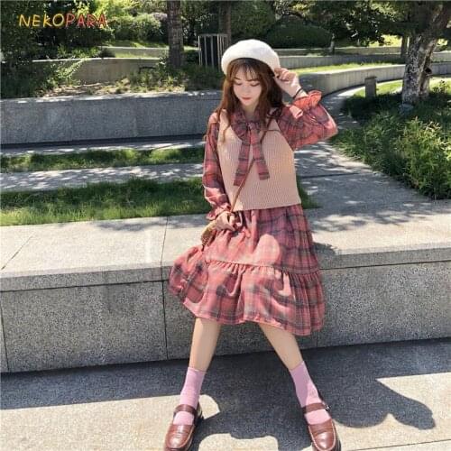 Super Cute Preppy Style Knitted Vest /Sweater+Plaid Knee-Length Dress 2 Colors 2 Piece Outfits for Women Fairy Kei