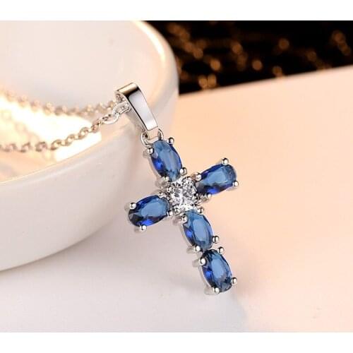 Necklaces for Women Fashion Jewelry Blue Zircon Cross Pendant Wholesales High Quality Gifts