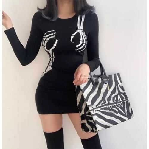 Spring New Gothic Creative Print Long Sleeve Dress Round Neck Black Slim Hip Mini Bodycon Dress Designer Dress Autumn