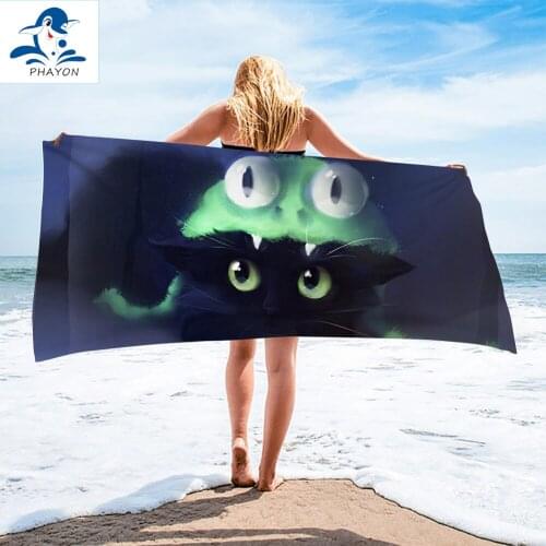 PHAYON Beach Towel Quick-dry Microfiber Bath Towel Cute Black Cat Beach Cushion 150*75cm Bath Towel Yoga Mat Cartoon Beach Towel