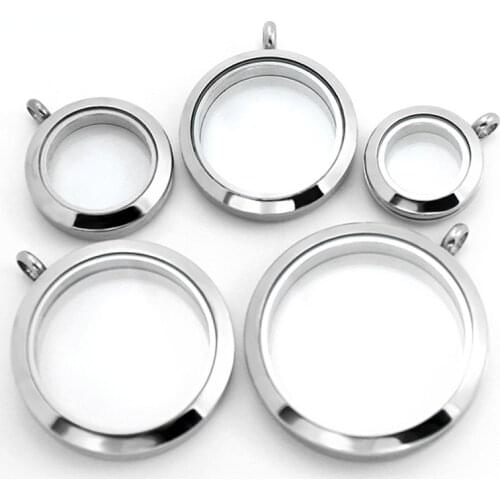 DIY Necklace Pendant Steel Color Threaded Stainless Steel Round Glossy Glass Photo Box Floating Locket