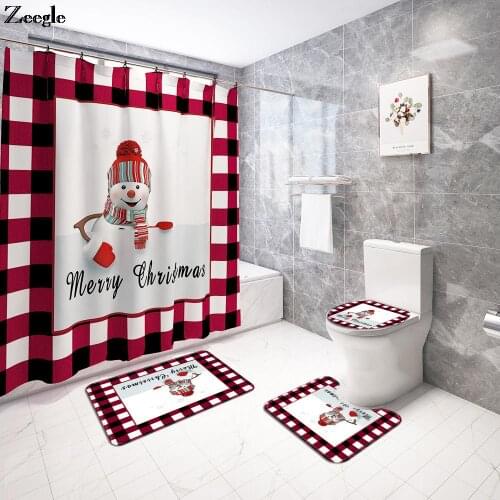 Christmas Snowman Printed Bath Mat and Waterproof Shower Curtain Set Polyester Anti-Slip Carpet Bathroom Shower Curtain Set