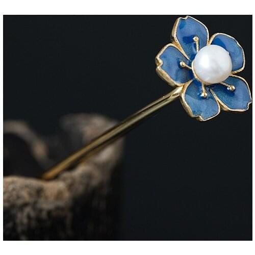 S925 Sterling silver Imitation Enamel Process Epoxy Flower Pearl Plum Blossom old antique style Hetian magnolia hairpin women