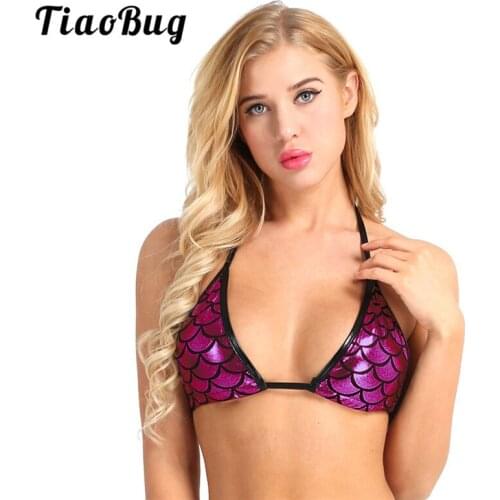 TiaoBug Shiny Metallic Mermaid Fish Scale Printed Halter Back Tie Up Bralette Bra Swimsuit Sexy Bikini Tops Women Beach Swimwear