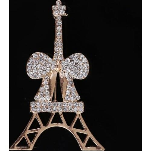 Elegant Fashion Eiffel Tower Style Brooches Pins For Women Gold Color Bow Tie Paved Austrian Crystal Scarf Broches Mujer Bijoux
