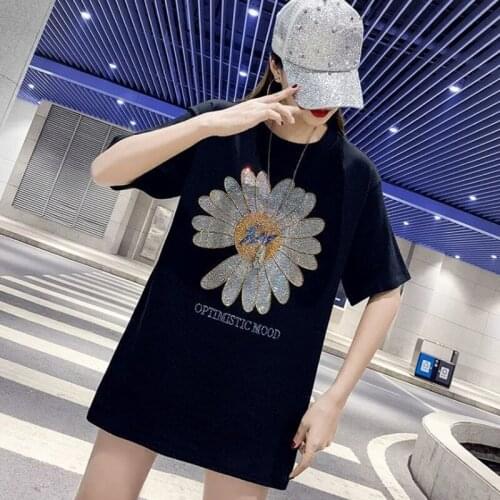 Short sleeve T-shirt women Summer clothes New 2020 fashion Hot drilling printing daisy flower loose cotton bottoming shirt