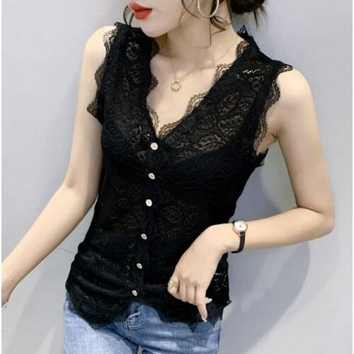 2021Europe Summer Lace V Neck Tanks Women Slim sleeveless Tops woman Large size