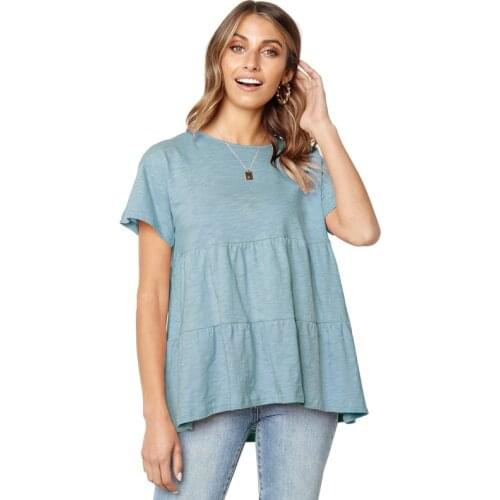 Womens Summer Round Neck Short Sleeve Casual Loose Fit Tee Stretched Ruffled Tunic T Shirt Tops for Ladies