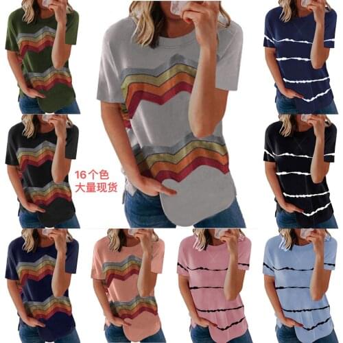 Woman Tshirts New 2021 Amazon Tees Neckline Stripes Printing Short Sleeve T-shirt Frock Harajuku T Shirt Women AXR2021216