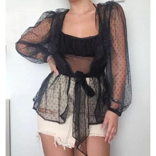 Womens Sheer Mesh T Shirts Coverups Polka-dot Lace Puff Sleeve Open Front Waist Tie See-through Shirts Sexy Tunic cover up