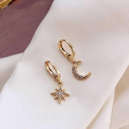 Women Moon Star Dangle with Huggie Hoop Rhinestone Earrings 1 Pair Drop Crystal