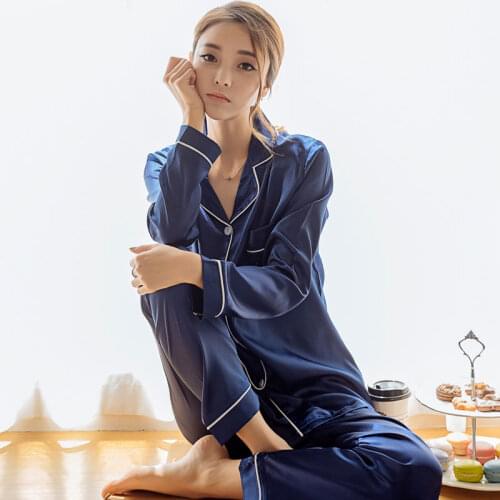 Ice Silk Satin Womens Pajamas Set Summer Sleep Sleepwear SetsLong Sleeve Womens 2 Pieces Home Wear Nightie Clothes Suit