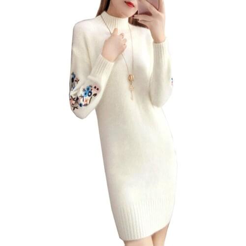 2021 New Autumn Winter Women Long Pullover Sweaters Turtleneck Embroidered Slim Knitted Female Jumper Tops Elegant Sweater Dress