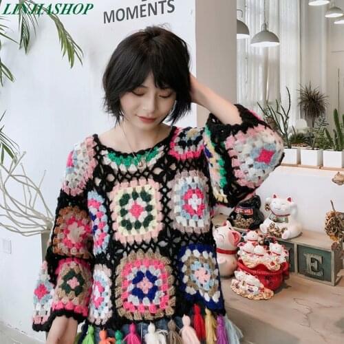 Pure handmade knitted sweater with tassels women autumn tops winter hollow out colorful o neck pullovers female mohair sweaters