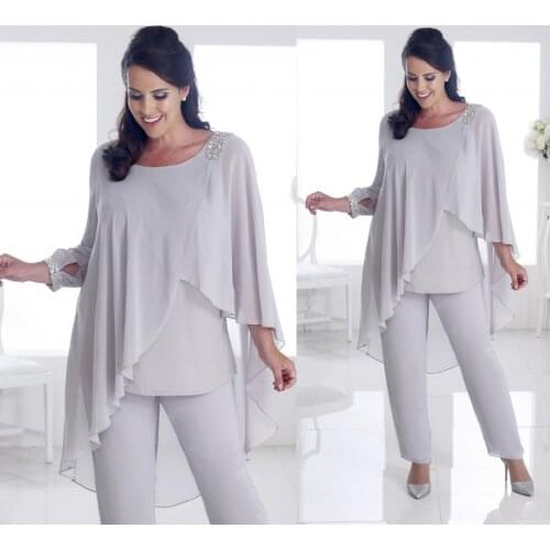 Plus Size Mother Of The Bride Pant Suits Light Silver Beads Floor Length Wedding Guest Dress Cheap Chiffon Formal Evening Gowns