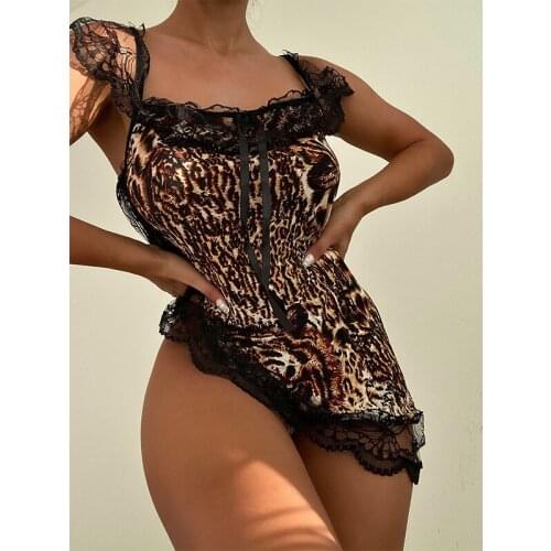 Womens Hot Leopard Print Sexy Lingerie Lace Sexy Hot Erotic Sex Dress Bath Robe Gown Babydoll Nightwear Sleepwear 2021