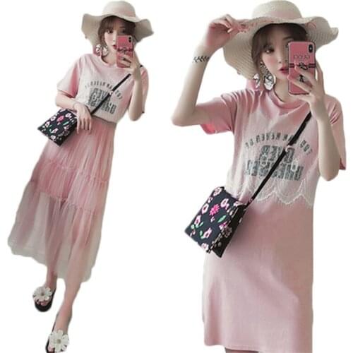 Casual Dress Summer 5xl Female Long Mesh Patchwork Dress Two-piece Set Shirt Pink Dress For Girlfriend Cute Print Vestidos f302