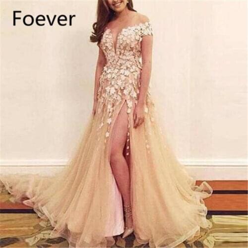 Sexy High Leg Slit Party Gown Off Shoulder White Flowers Tulle Champagne Evening Prom Dresses Long 2019