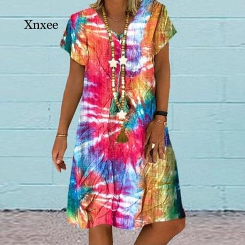 S-5XL Plus Size Dress Summer Women Vintage graffiti Short Sleeve Midi Dress Retro print Loose Beach Casual Dresses vestidos