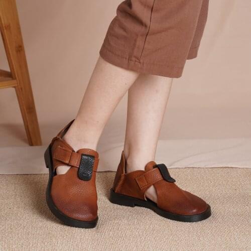 2021 Designer Summer Shoes Genuine Leather Mori Girl Sandals Magic Button Retro Flats Black/Brown