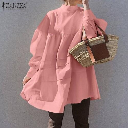 2021 Autumn Patchwork Loose Blusas ZANZEA Elegant Ruffle Tunic Womens Solid Puff Sleeve Tops Fashion Casual Office Lady Blouses