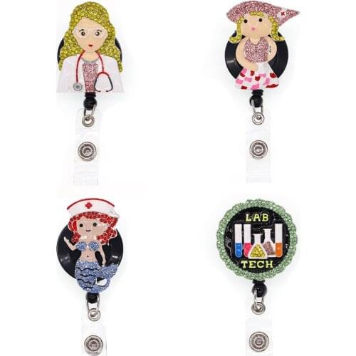 4 styles cute rhinestone enamel doctor nurse Retractable ID Badge Holder reel