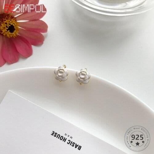 Besimpol 100% 925 Sterling Silver Clip Earring Fashion Simple Sasanqua Flower Earrings For Women Luxury Fine Jewelry Party Gifts