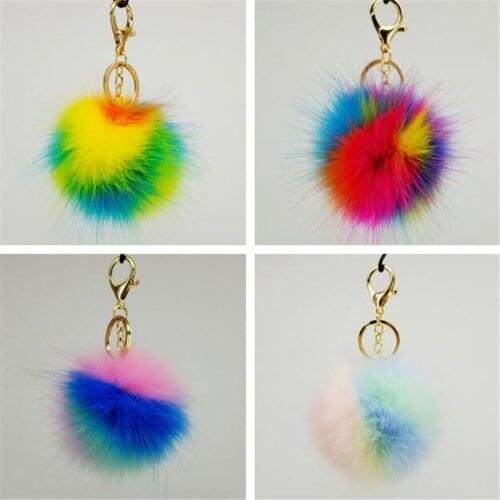 Gold Color Trinket Keychain Pompons Keychains Faux Rabbit Fur Keychain Fluffy Key Chains For Keyrings Trinkets Pom Pom Keychain
