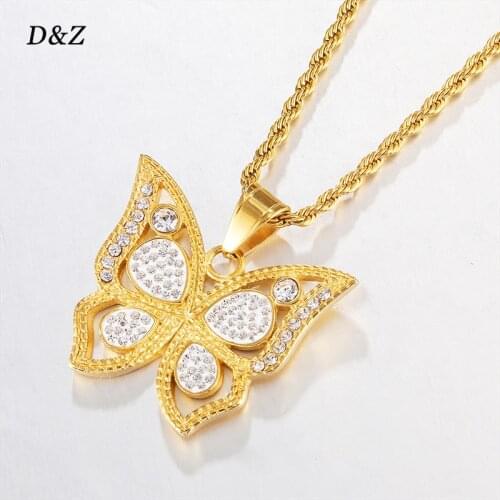 D&Z New Butterfly Pendant Necklace Stainess Steel With Rhinestones Gold Color Hip Hop Charm Necklace Bead Jewelry