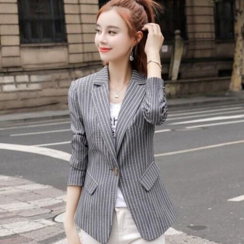 Elegant Womens Single Button Notched Collar Striped Blazer Korean Vintage Fashion Casual Slim Fit Plus Size Female Suit Coats
