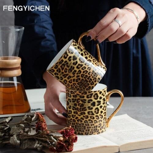 European Ceramic Leopard Print Coffee Cups Porcelain Tea Mug Set with Golden Handles for Girlfriend High Quality Drinkware Gifts