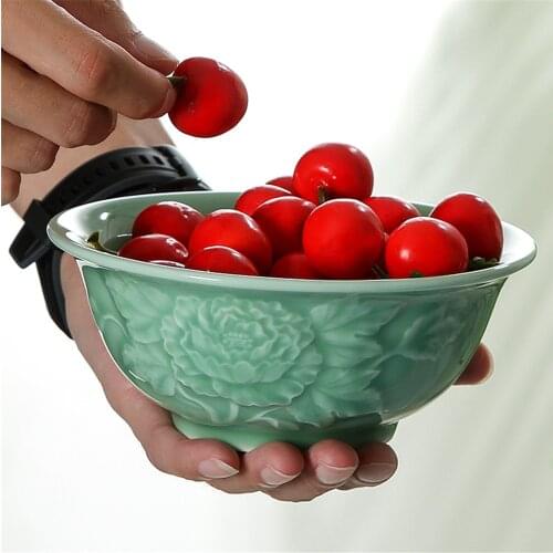 Chinese Cereal Bowl Porcelain Rice Bowl for Salad Celadons 6 Inch Tableware Engraved Peony Ceramic Microwave and Dishwasher Safe