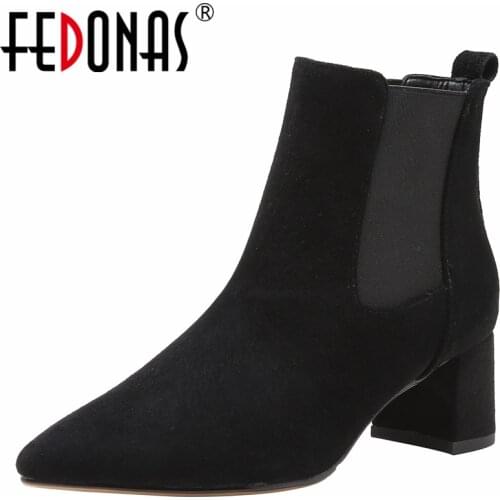 FEDONAS Autumn Winter New Arrival Women Ankle Boots Pointed Toe Concise Splicing Cow Suede High Heels Office Shoes Woman Basic